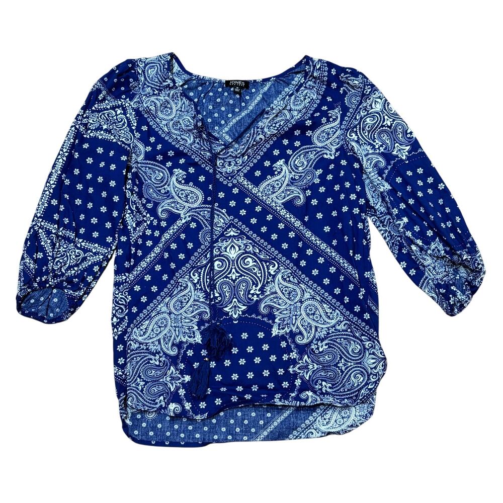Jones NY Paisley Blouse Women's Medium Bandana Western 3/4 Sleeves Cotton Tassel